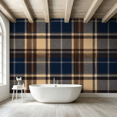 Peel and Stick Wallpaper Wall Mural Plaid seamless Tartan checkered plaid dark grey blue brown for Wall Art Self Adhesive and Removable