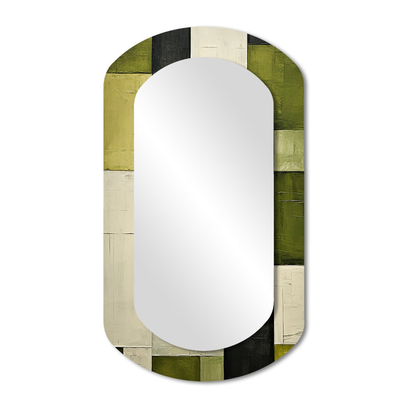 Vanida Green Eco Friendly Cubic collage III - Green Cylinder Large Mirror, Industrial Asymmetrical Unique Wall Mirror Decor, Printed Metal Art