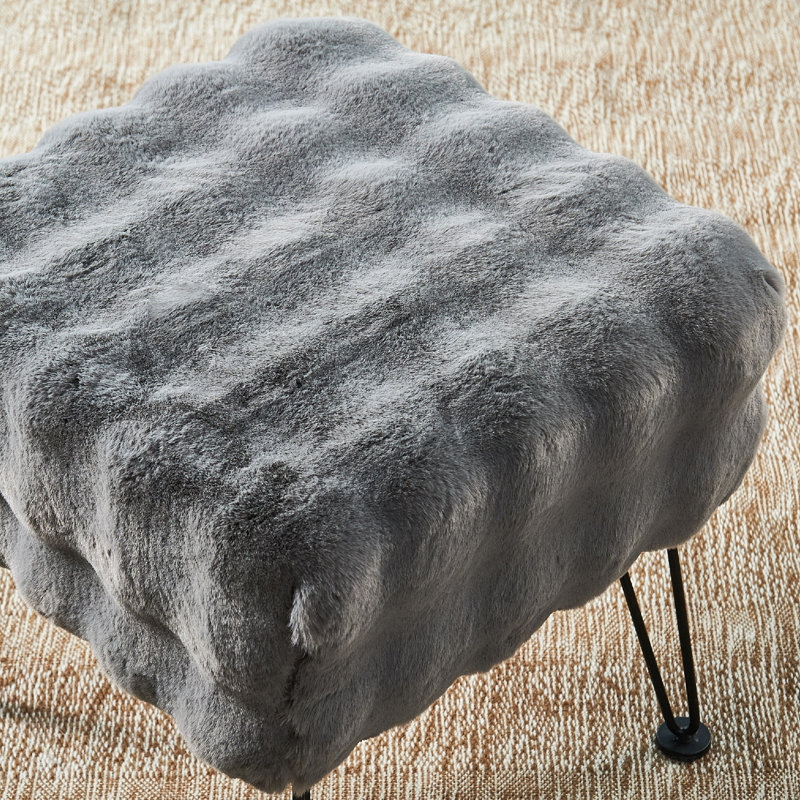 Upholstered Ottoman, Gray Faux Fur