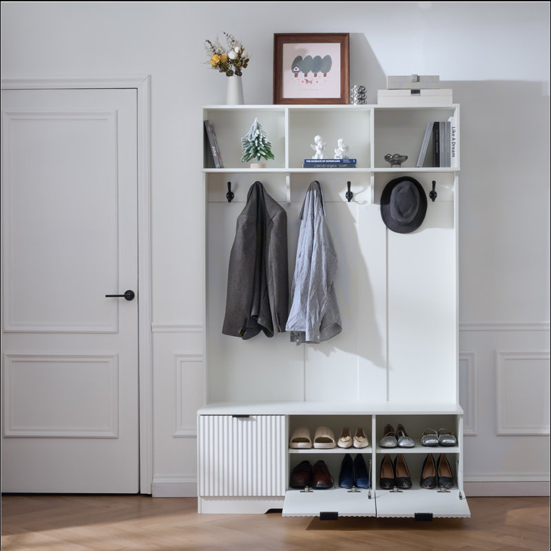 49.6 " 5-in-1 Hall Tree with Bench, Shoe Storage & 3 Open Storage Cabinets, Farmhouse Hall Tree with High Gloss Fluted Doors for Hallway Living Room