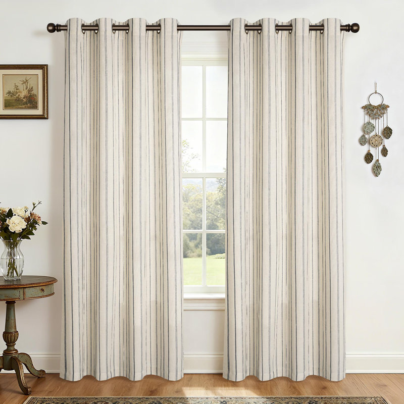 Farmhouse Linen Blend Stripe Semi-Sheer Grommets Curtain Pair, 52" W x 84" L, Black