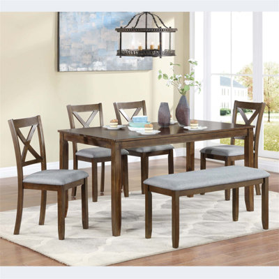 6 Piece Kitchen Dining Set with Rectangular Wooden Table, 4 Upholstered Chairs, and a Bench, Perfect for Family Gatherings and Space Efficiency