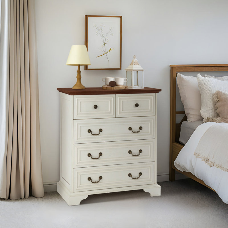 Commode 5 tiroirs Farmhouse, commode rustique, Brun antique / blanc