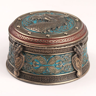 3.74 in L Celtic Dragon Crest Round Trinket Box Poly Resin