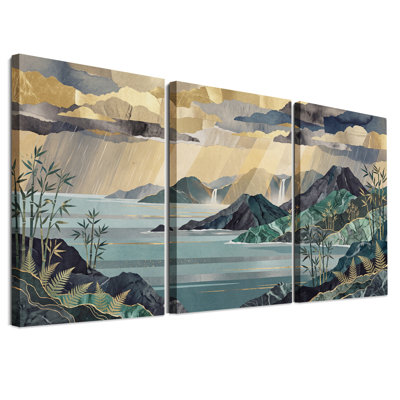 «Teal Lake and Mountains with Gold Foil Accents», ensemble de 3 toiles murales