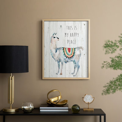 Llama Happy Place, reproduction encadrée - bois massif