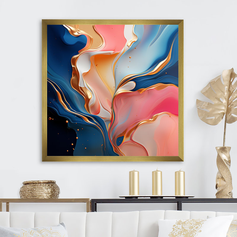 «Rose and Gold», encre liquide abstraite IV - encre liquide, art mural abstrait, Cadre doré simple