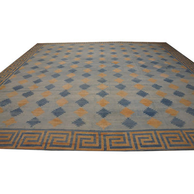 Large Size Square Shape Geometric Mid Century Modern Design Cotton Dhurrie Flatweave Rug