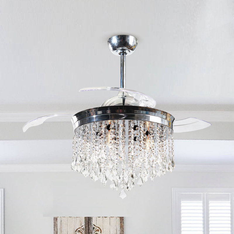 Kaleb 42'' Crystal Retractable Glam Chandelier Ceiling Fan with Light Kit and Remote Control, Chrome with Clear Blades