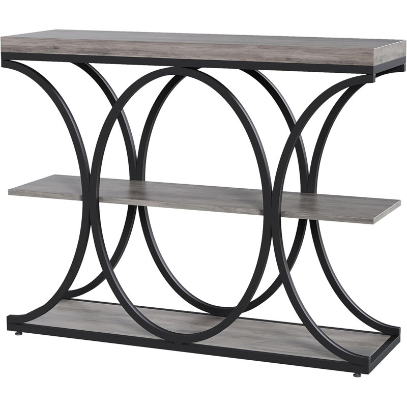 39" Narrow Industrial Console Table with 3-Tier Storage for Entryway, Living Room & Hallway, Gray Wood/Black