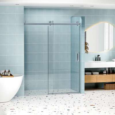 56" - 60" W X 76" H Frameless Soft-Closing Single Sliding Shower Door, 1/4" (6Mm) Tempered Glass With Explosion-Proof Coating