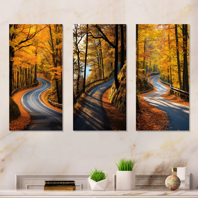 Passerelle automne route dans la forêt I - ensemble de 3 impressions sur toile routières