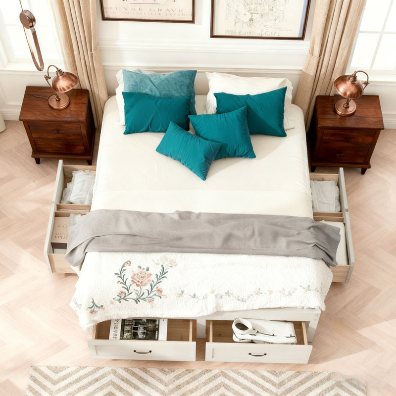 Wood Bed with 6 Storage Drawers, Antique White, Full