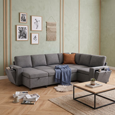 U-Shaped 7-Seat Convertible Sectional Sofa with Hidden Storage, USB Charging Ports and Cup Holders