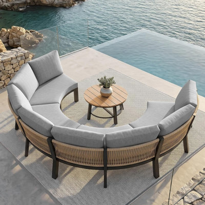 7-Person Half-Moon Aluminum Patio Conversation Set with Cushions and Coffee Table