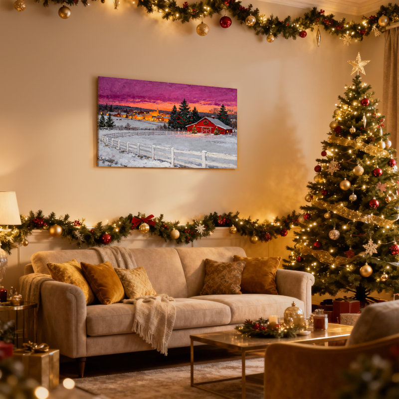 Paysage d'hiver de Noël avec grange rouge et champs enneigés, ensemble de 3 impressions sur toile, H 20 po x l 30 po
