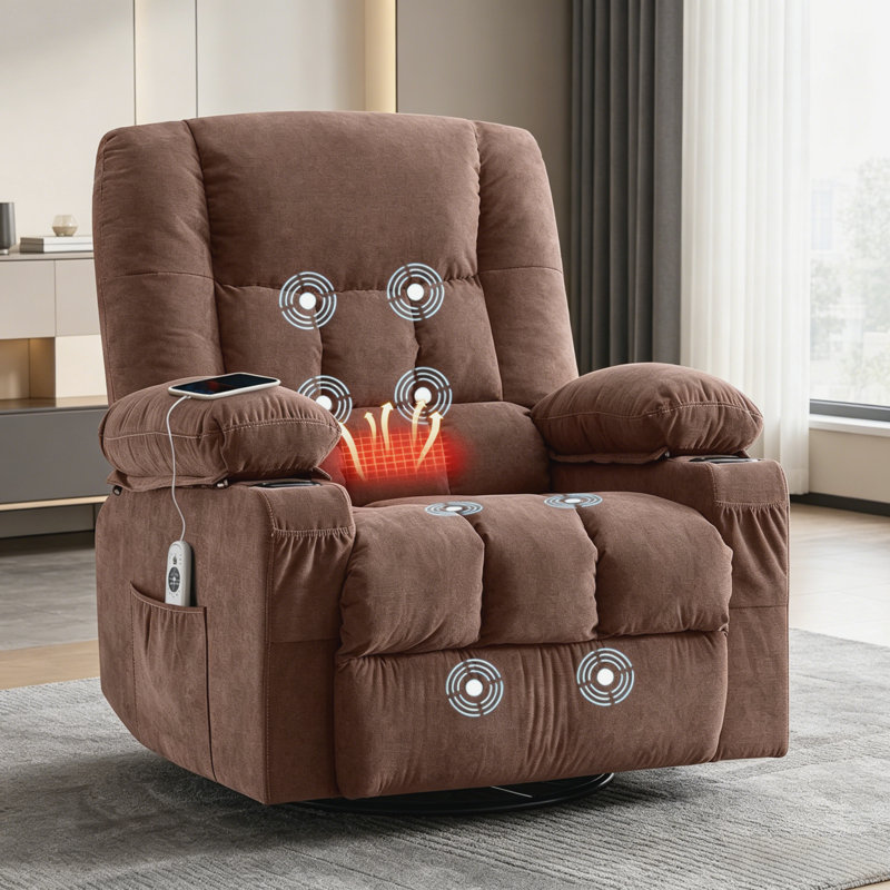 Fauteuil inclinable de massage à bascule pivotant brun avec chaleur, porte-gobelets, port USB pour le salon, Brun