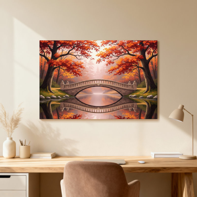 Plantes et fleurs, arbres d'automne, pont, reflet, eau, paysage, scène naturelle, H 12 po x l 18 po, Toile tendue