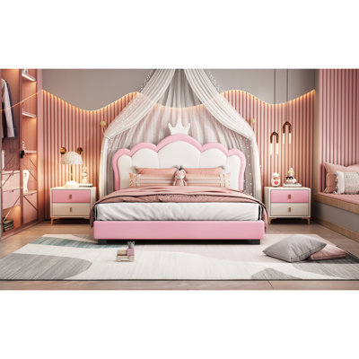 Lit double tapissier double avec tête de lit couronne, lit plateforme double avec tête de lit et pied de lit