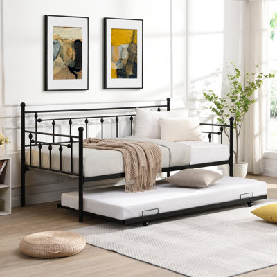 Lit de jour avec couchette en noir - Design moderne pour une efficacité d'espace, une structure en métal durable, un endroit de repos tranquille et paisible, une trousse d'assemblage facile, aucun sommier tapissier requis, peut supporter une fabrication de 250/350 lb