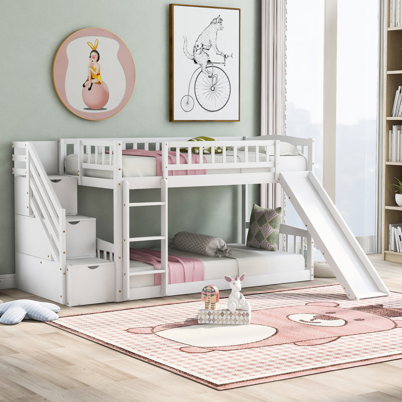 White Twin Over Bunk Bed With Plywood Slats And Two Drawers Stairway Ample Storage Enjoyable Slide - Bedroom Must-Have, White