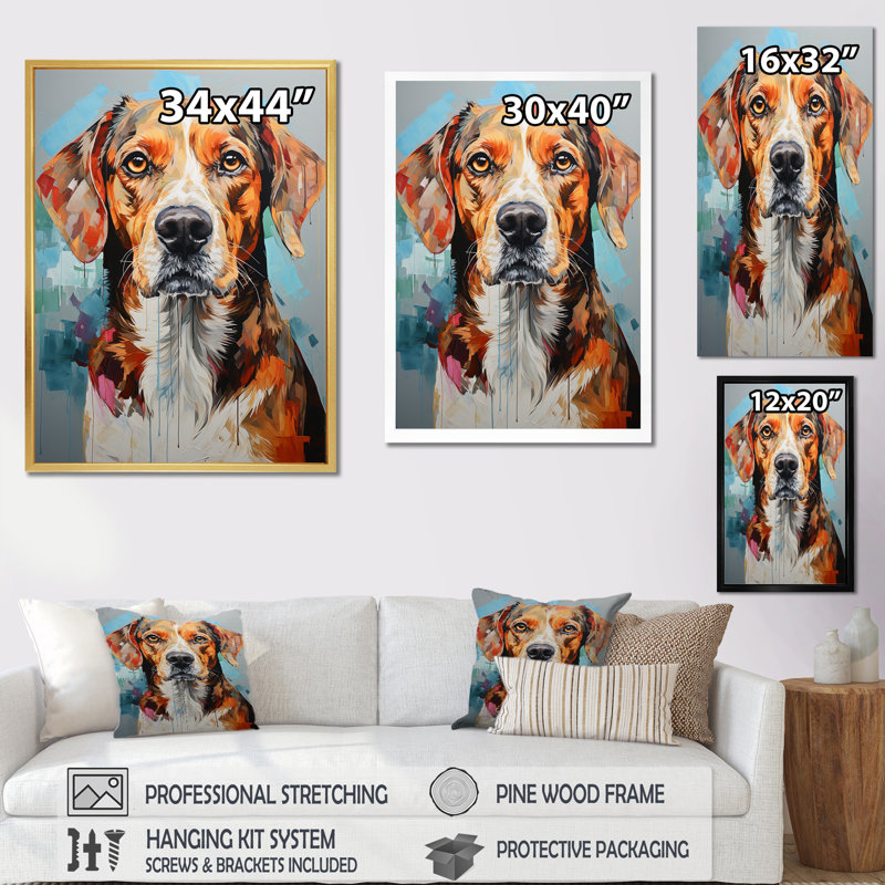 Beagle Bliss IV sur toile, Cadre flottant doré, H 44 po x l 34 po x P 1,5 po