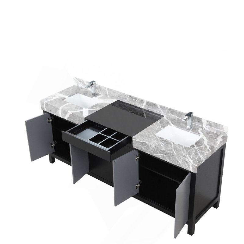 Meuble-lavabo double noir et gris 80 po X P 22 po D, ensemble de dessus en marbre gris et robinet chromé