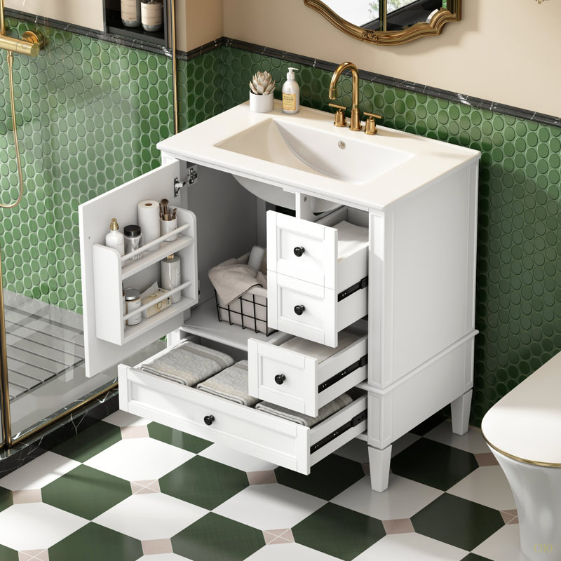 Meuble-lavabo moderne de 30 po avec lavabo en céramique, 3 tiroirs, meuble de rangement moderne en bois massif, idéal pour la maison
