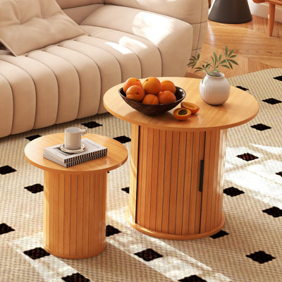 Wooden Nesting Of Coffee Table With Hidden Storage Space, Set Of 2 Round Top Coffee Table Sets With Metal Frame