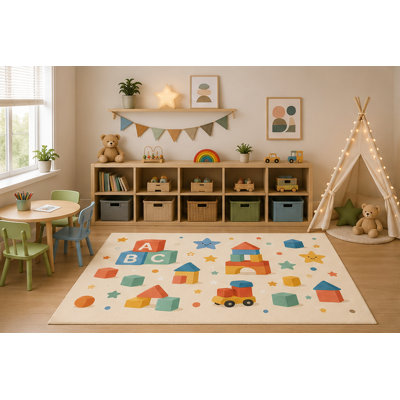"Ultra Lightweight" 5'x7' Educational ABC Building Blocks Area Rug for Kids Playroom Classroom Nursery Bedroom, Learning Toys Cartoon Carpet, Non-Slip Silicone Backing Low Pile