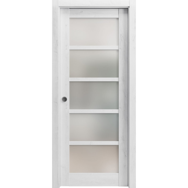 Porte coulissante à galandage avec vitrage dépoli Quadro 4002 Blanc nordique, trousse de garnitures, quincaillerie, bois massif, intérieur de chambre, portes robustes - 81 cm x 203 cm