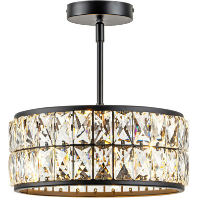 Modern Crystal Semi Flush Mount Ceiling Light, 3-Light Black Chandelier With Clear Crystal Shade For Kitchen Bedroom Bathroom Entryway Hallway