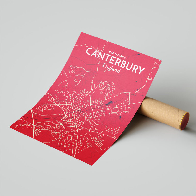 Canterbury City Map, impression, Rouge / Bleu marine, H 20 po x l 16 po x P 0,05 po
