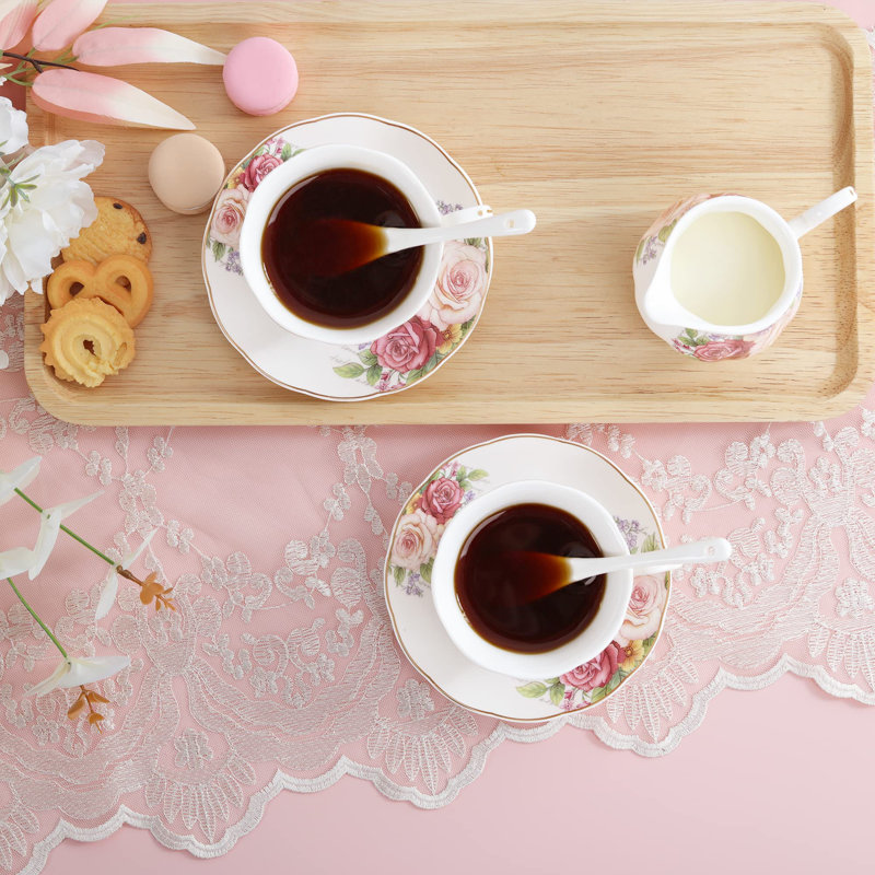 Service à café en porcelaine européenne, service à thé Pink Women, service à thé en porcelaine tendre, théière à café floral rétro avec tasses