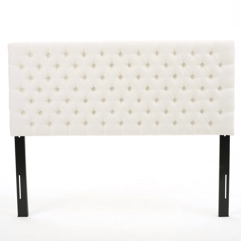 Tête de lit pour grand lit en tissu ivoire capitonné à point de diamant, structure en bois massif réglable et pieds en métal