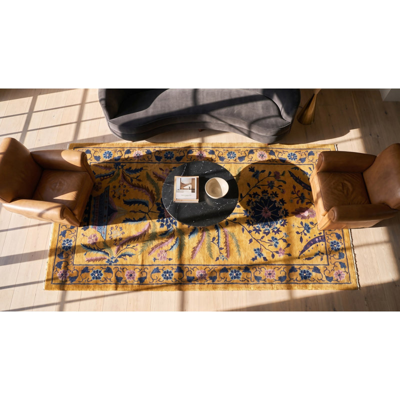 Tapis art déco rectangulaire jaune et doré en laine des années 1920
