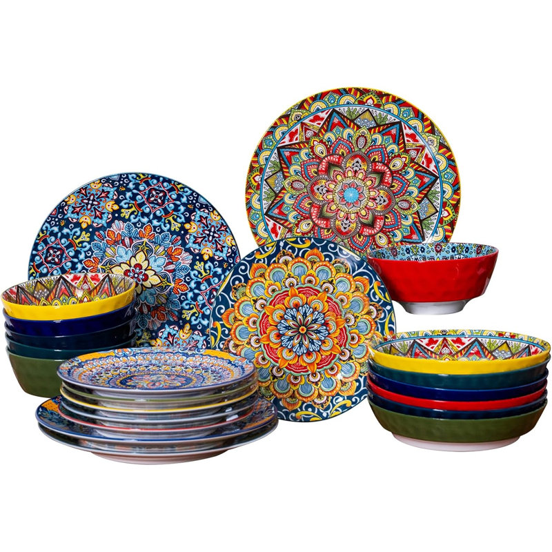 Service de vaisselle 24 pièces, assiettes et bols Boho Style