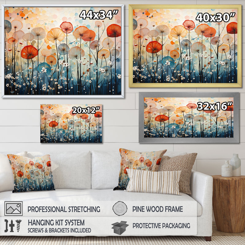 Coral Dandelion Floral Symphony II - Floral Wall Art Living Room, H 34 po x l 44 po x P 1,5 po, Cadre flottant doré