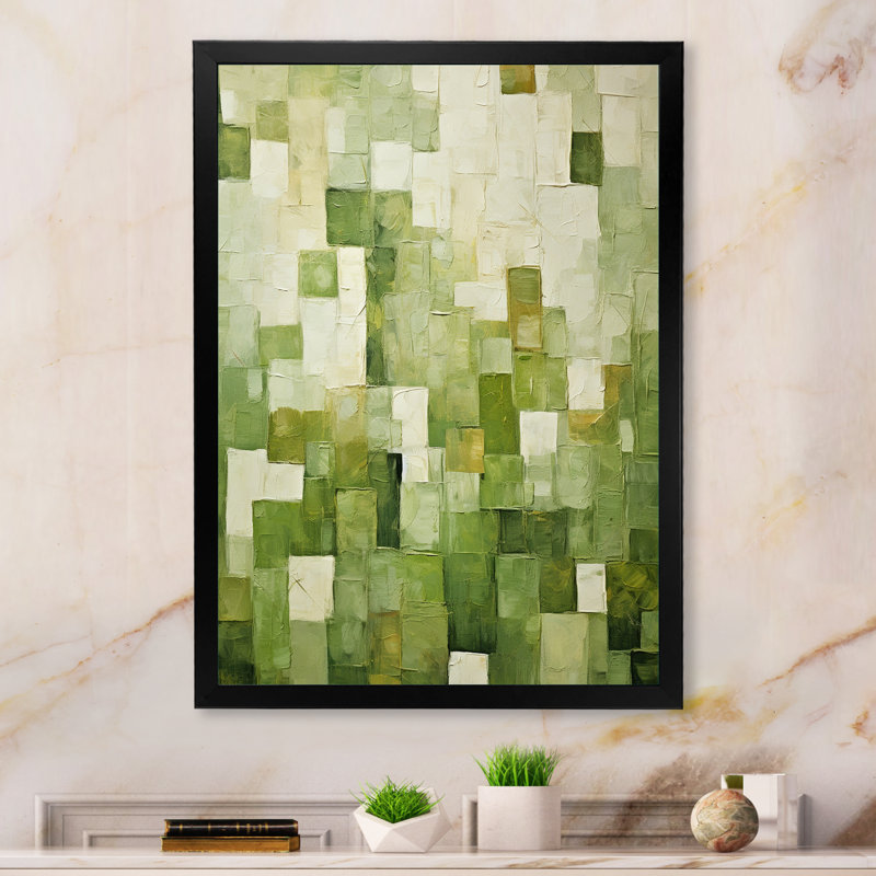 «Abstract Green Tiles Incubism», art mural abstrait, Cadre photo noir simple, H 20 po x l 12 po x P 1 po