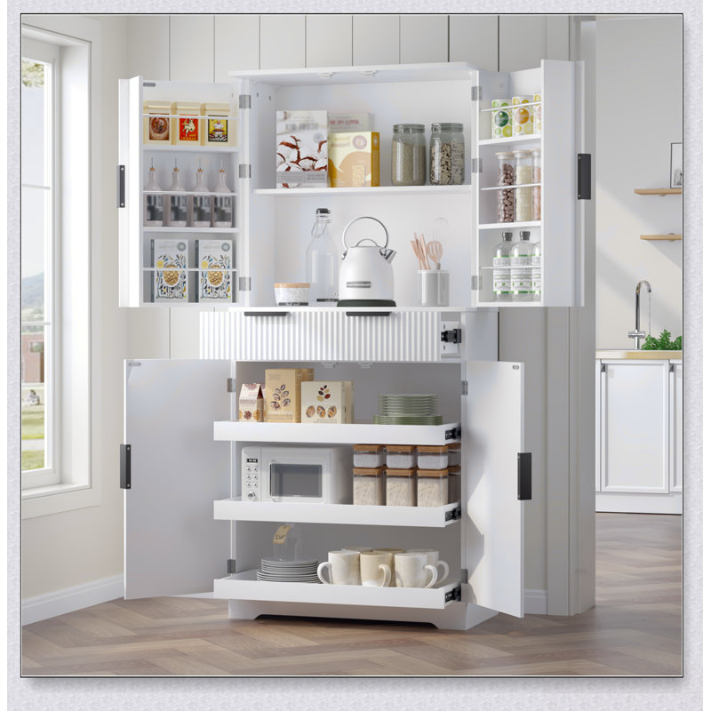Garde-manger cannelé de 72 pouces avec 3 tiroirs à clavier et 6 tablettes de porte réglables pour un rangement polyvalent et un design élégant