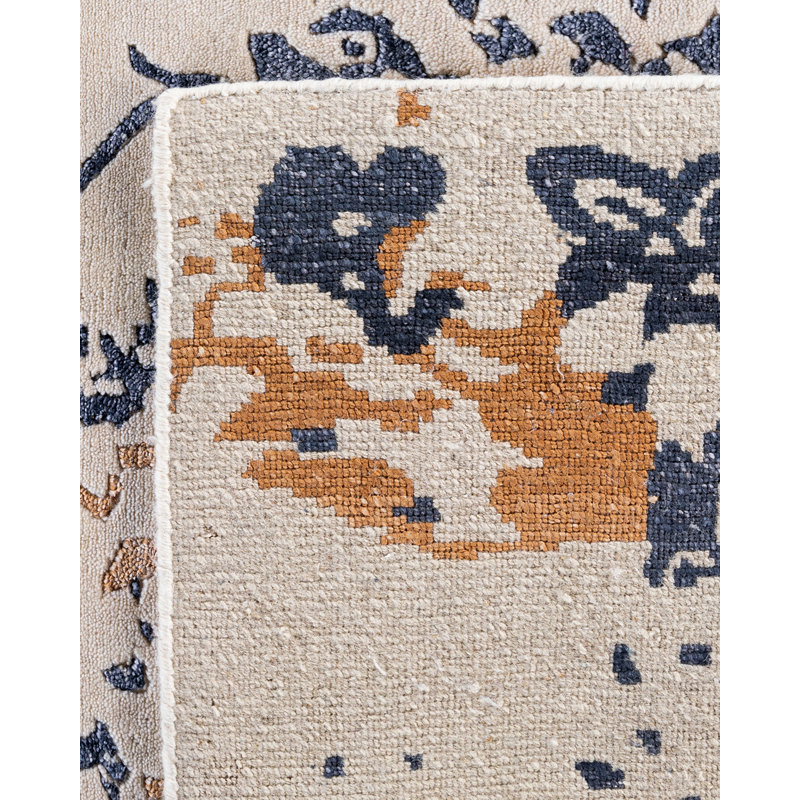 Ivory and Blue Hand-Knotted Wool and Silk Area Rug