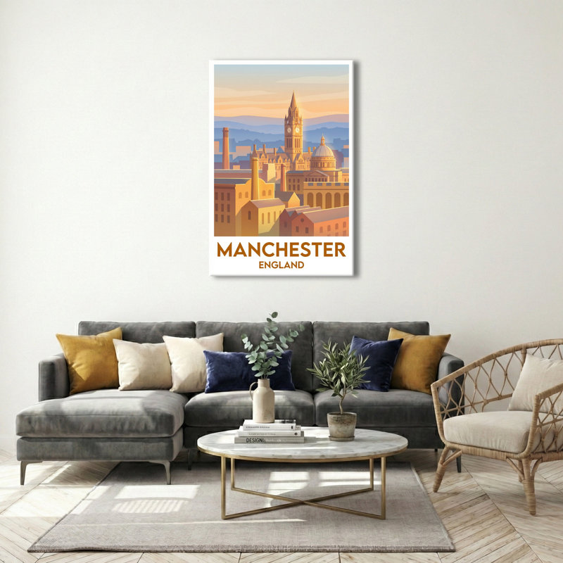 Manchester, England - Golden Hour Skyline Travel Poster celebrating mills, clock towers and city romance. Giclee Print on Wrapped Canvas. Wall Art, Home Decor - Cities & Towns, England 1 Piece Wrapped Canvas Wall Art