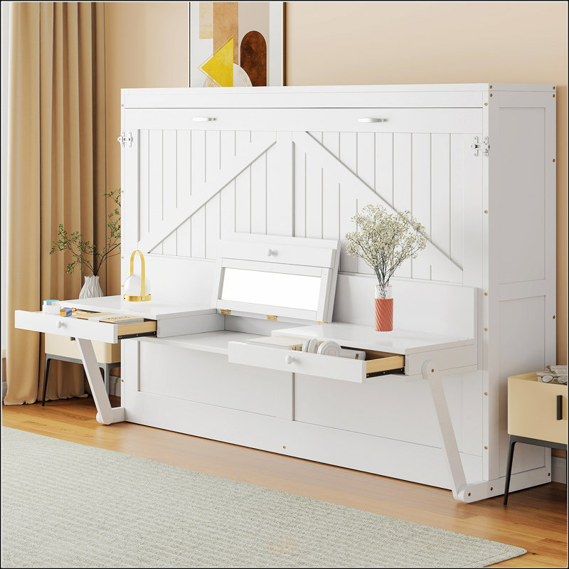 Grand lit escamotable mural avec rangement, Blanc