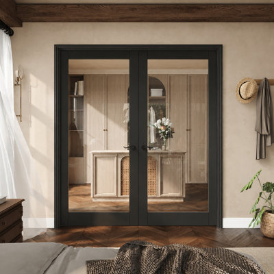 Porte-fenêtre noire à un battant (162,5 cm x 203,2 cm), en verre clair avec loquets noirs, vitrage opaque et cadre noir, insonorisée et imperméable, idéale pour la buanderie, la salle de bain, la cuisine, les armoires et les chambres. Loquet et poignée inclus.
