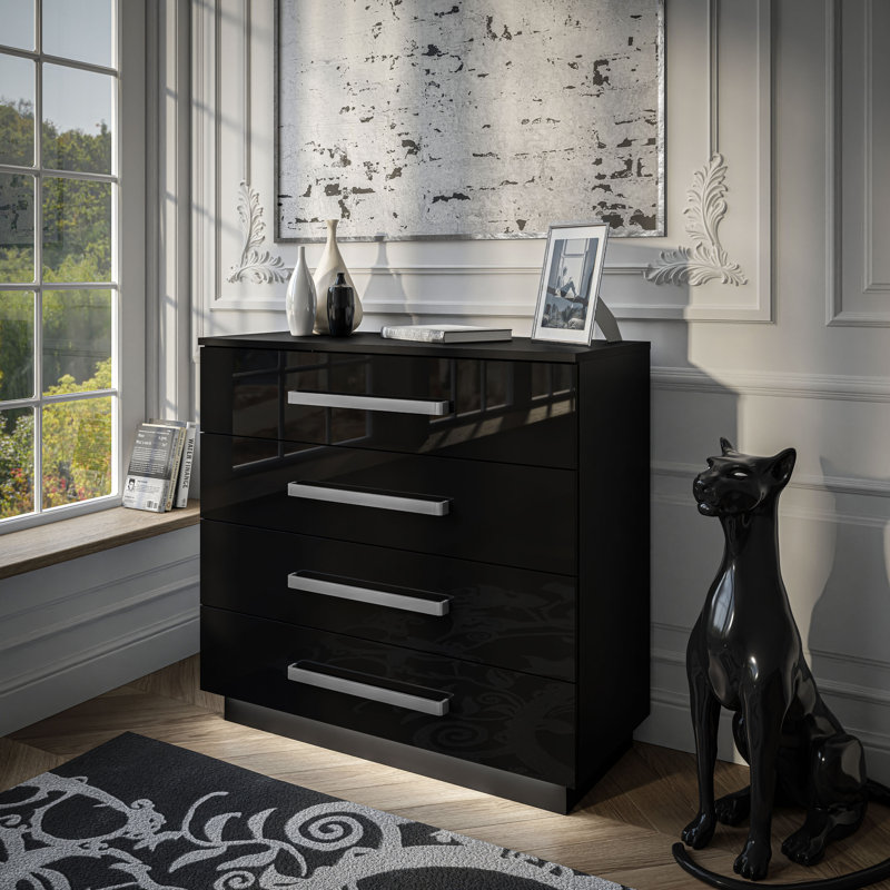 Bujold 95cm W 4 - Drawer Chest of Drawers, Glossy Black