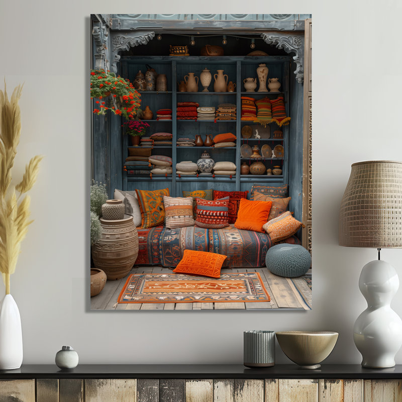 Orange bleu bohémien bazar Boho - art mural du Maroc, salon, Cadre simple blanc, H 20 po x l 12 po x P 1 po