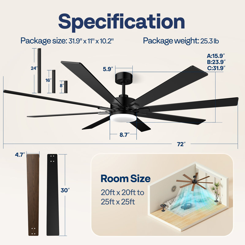 Ventilateur de plafond 72 pouces à profil bas avec lumière DEL et télécommande, Noir, Bois brun foncé / noir