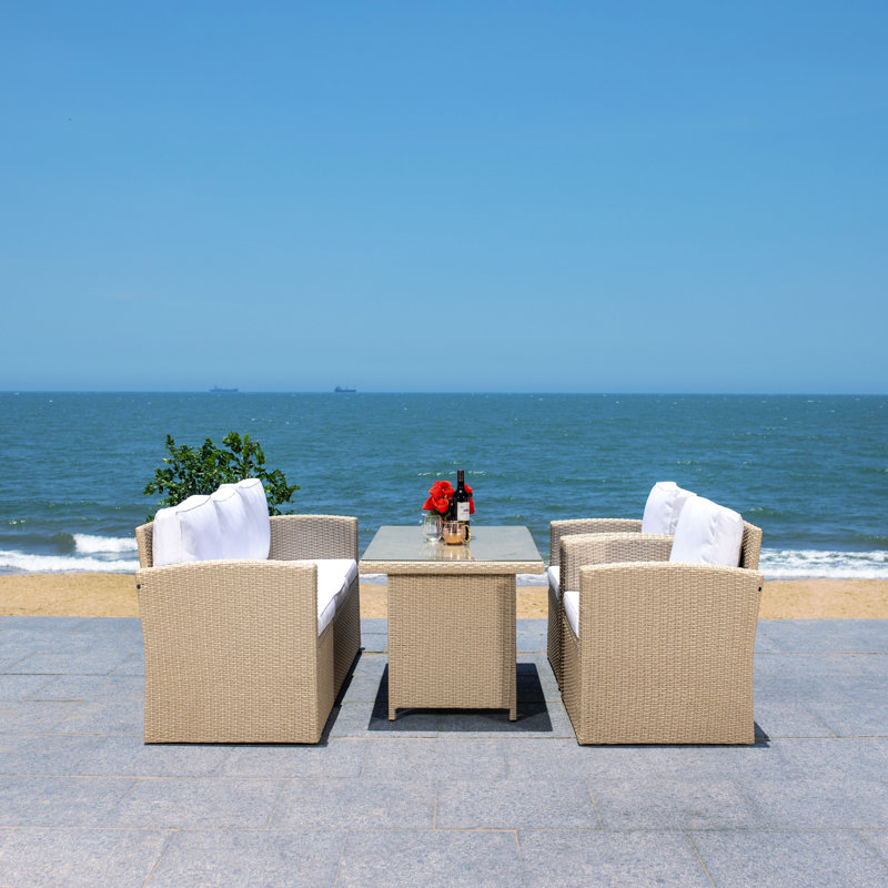 Curstin 5 - Person Wicker Patio Dining Set with Rectangular Table , Cushions Included, Beige