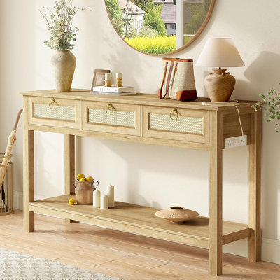 Rattan Console Sofa Table With Outlets And USB-C Port, 3 Drawer Entryway Table With Synthetic Rattan Surface, Open Shelf, Behind Couch Entry Foyer Hal
