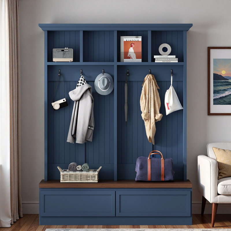 Farmhouse Hall Tree With Wood Grain Bench, Coat Rack, 2 Large Drawers And Open Storage Space